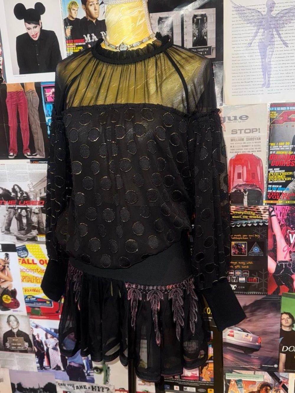 Sheer Black Polka Dot Off-Shoulder Skirted Top